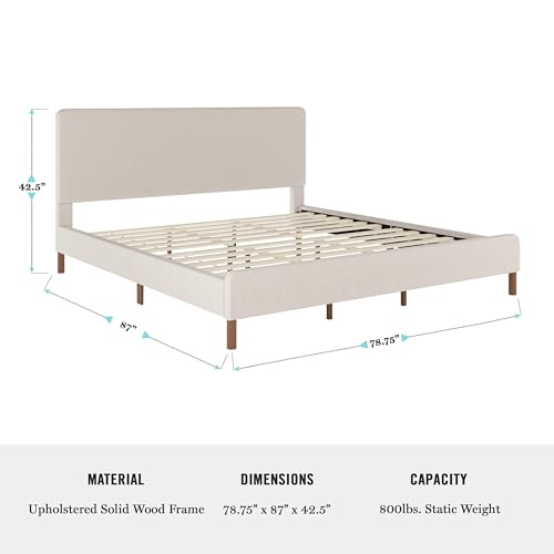 Image of Martha Stewart Britta Platform Bed with Headboard & Footboard, Faux Linen Upholstery with Piping Detail, Rounded Headboard, No Box Spring Needed, King, Beige