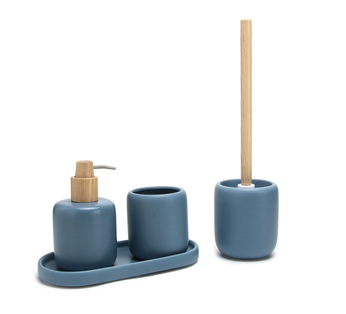 BM Set Accessori Bagno in Ceramica 4 Pezzi con Vassoio – Dispenser Sapone, Porta Spazzolini e Scopino WC, Design Moderno con Dettagli in Legno (BLU)