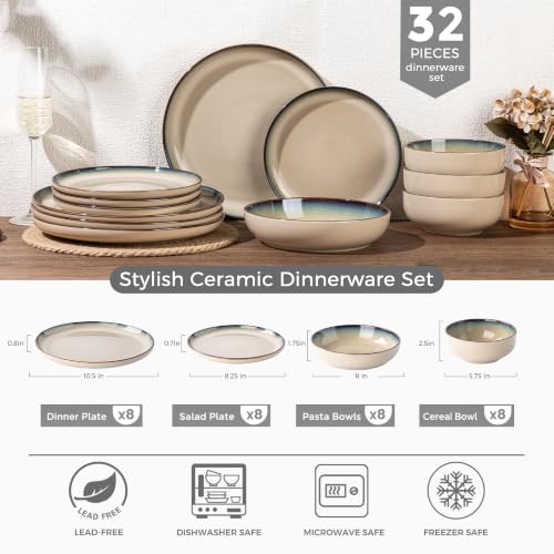 Image of GBHOME 32 Pieces Stoneware Double Bowls Dinnerware Sets for 8, Ceramic Plates and Bowls Set with Reactive Glaze, Scratch Resistant Dishes Set, Dishwasher & Microwave Safe