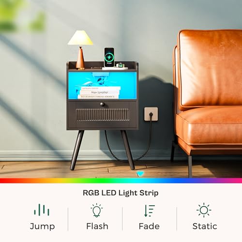 image for Huuger Night Stand Set of 2, Nightstand with Charging Station and LED 