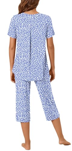 Bestbee Womens Pajama Set 2 Piece Lounge Outfits Summer Sleepwear V Neck Short Sleeve Capri Pant With Pockets Ladies Pjs4