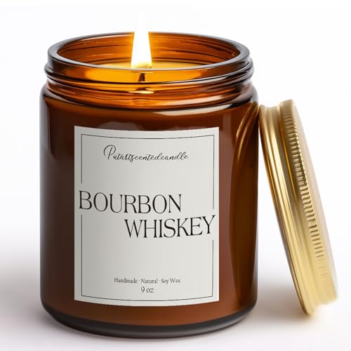 Putart Bourbon Whiskey Scented Candle for Home Natural Soy Wax Aromatherapy Non Toxic Candle Gifts for Women & Men Handmade Highly Scented & Long Lasting Jar Candle for Stress Relief (9oz)