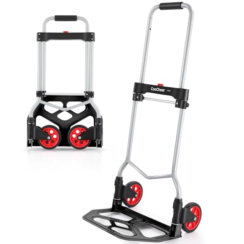 COOCHEER Carretilla de Mano de Aluminio Plegable - Mango Telescópico Extra Largo de 100 cm, Carretilla para Uso Industrial y Doméstico, Capacidad Máxima de Carga 120 kg, Negro y Rojo