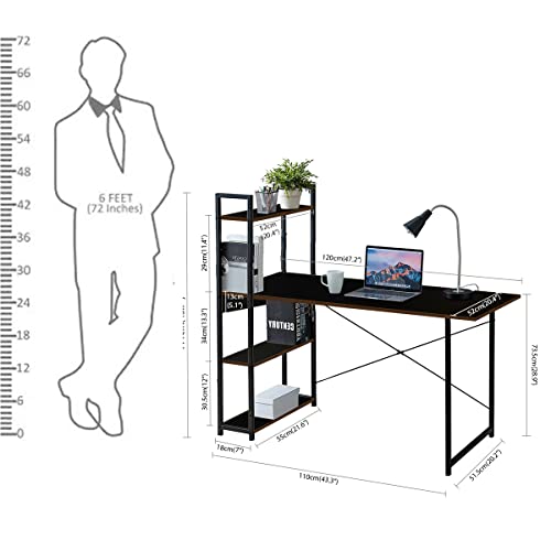 Image of Kawachi Wooden Laptop Computer Desk Study Table with Book Shelf and Storage Wenge Black