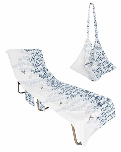 Beach Pool Patio Lounge Chaise Chair Cover Towel with Pockets,Geometric Leaves Absorbent & Quick Dry Microfiber Towel Cover Bag Summer Travel Accessories Spring Botanical Birds Modern White