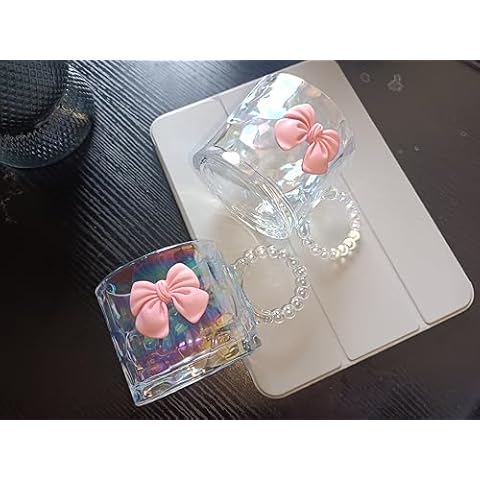 WQURC Girls Pink Bowknot/Flower/Butterfly Glass Cup, Tea Cup, Milk Cup, Mug for Home, Office, Bedroom (Bowknot Cup, 2 Pack) Cover