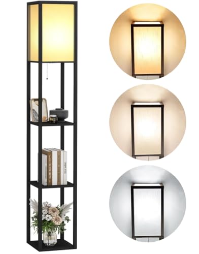 WAMBORY Floor Lamp with Shelves, Modern Square Standing Lamp with 3 Color Temperature Bulb, Corner Display Bookshelf Lamp with Linen Shade, Shelf Floor Lamp for Living Room, Study Room (Black)