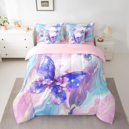 Image of Floral Marble Butterfly 7 Pcs Bedding Set King,Purple Blue Tie Dye Bed in a Bag,Elegant Marble Texture Bed Set Includes Comforter,Sheet Set,Pillowcases & Pillow Covers,Modern Aesthetic Bedroom Decor