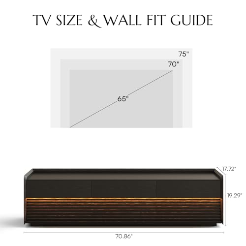Image of POVISON Fully-Assembled Mid Century Modern TV Stand, 70.87 inch Entertainment Center with LED Light, Black Walnut Solid Wood TV Console for Living Room, TV Stand with Storage