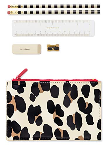 Kate Spade New York Pencil Pouch Including 2 Pencils, Sharpener, Eraser, and Ruler School Supplies, Forest Feline Cover