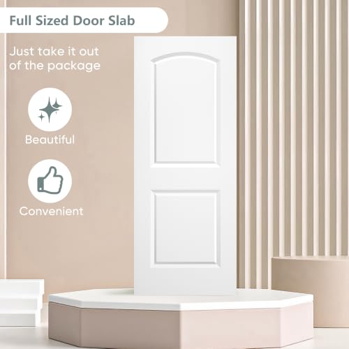 Image of BARNSMITH 32x80 in Raised 2-Panel Arch Top White Primed Interior Door Panel | Smooth Classic Paintable Hollow Core Interior Door Slab, for Swing, Pocket, Sliding Door, Durable and Lightweight