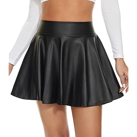 DingCo Women's Faux Leather Black Mini Skirt Classic high Waisted Skirt Pleated Skirt PU Black Leather Skirt Cover
