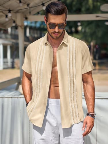 Image of Runcati Mens Short Sleeve Guayabera Shirts Linen Cotton Button Down Mexican Embroidered Cuban Wedding Shirt Summer Beach Tops