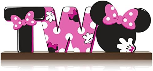 Laffact TWO Letter Sign Wooden Table Centerpieces Pink Cartoon Mouse 2nd Birthday Party Supplies Table Decoration Two Year Old Birthday Wood Table Sign Milestone for Kids Girls Baby Shower Photo Props