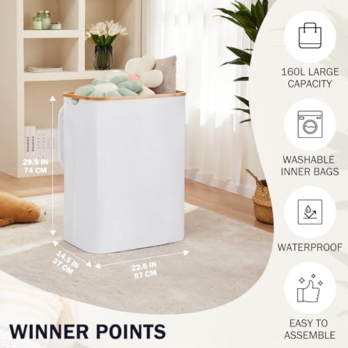 YOUDENOVA Wäschekorb mit Deckel 3 Fächer 160L Wäschesammler mit 3 Wäschesäcke Groß faltbarer Wäschesortierer Holz Bambus Wäschetruhe hoch, Weiß