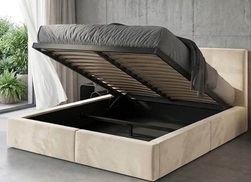 Interbeds Polsterbett 160 Hilton Bettgestell mit Lattenrost, mit Stauraum, ohne Matratze, ohne Füße, modernes Doppelbett, gepolsterter Bettrahmen, mit Bettkasten Schlafzimmerbett (Kaschmir, 160x200)