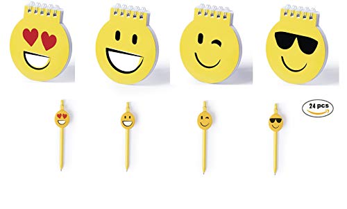 LOTE 24 Piezas Emoticonos Emoji - 12 Libretas Emoticonos + 12 Bolígrafos Emoticonos - surtido en 4 caritas - Ideal Fiestas Cumpleaños - niños