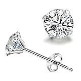 Daesar Argent Boucles D’Oreille, Boucles D’Oreille Homme Femme Solitaire Rond Zircon Cubique 4 Claws, Argent, 6MM