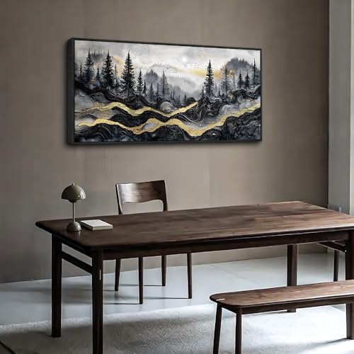 KELIYUAAN Large Canvas Wall Art For Living Room Black Framed Wall Decor For Bedroom Office Wall Decorations Prints Pictures Abstract Mountain Landscape Painting Home Decor Aesthetics 24"X48"
