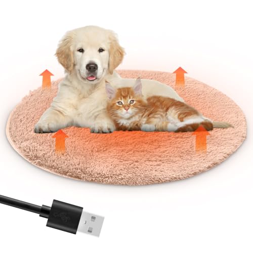 Peelanmall Heizmatte für Hunde und Katzen 40 x 40 cm, Innenwärmematte USB Lade Haustier Heizdecke 28 ℃ Konstante Plüsch-Haustier-Heizkissen, Katze Heizdecke, Weich & kuschelige Katzendecke (Khaki)