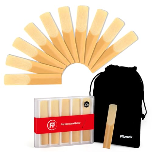 Fibnek 10 Pack Bb Clarinet Reeds Strength 2.5 Natural Cane Reeds for Clarinet Beginner & Student Practice Reeds with Velvet Bag & Protective Case B Flat Replacement Clarinet Reeds
