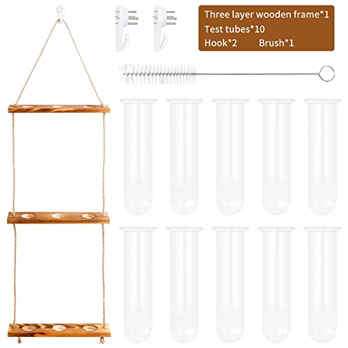 Unnosin Wall Hanging Planter 3 Tiered Plant Propagation Station Terrarium 9 Bulb Vase with Wood Stand, Glass Planter Test Tube Vase for Propagating Hydroponic Home Office Garden - Image 3
