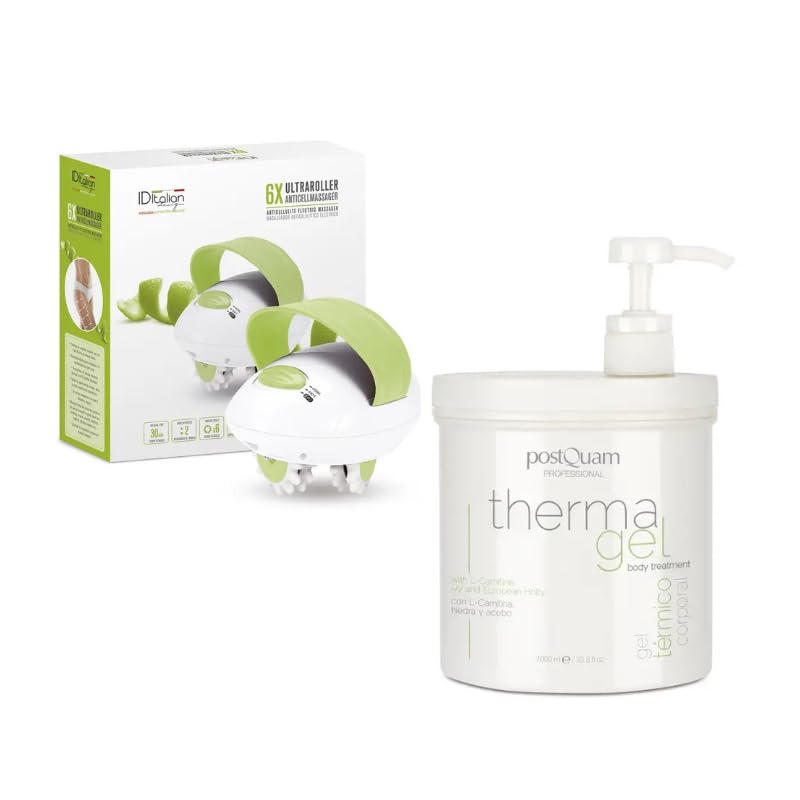 PostQuam Pack Tratamiento Anticelulítico Efecto Calor con Thermagel 1000 ml y Masajeador Eléctrico UltraRoller 6X para Piernas, Abdomen y Glúteos