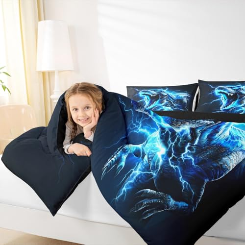 Image of Dinosaur Bedding Set Full Size Kids 3D Dino Print Comforter Set for Boys Girls Teens Jungle Dino Duvet Quilt Breathable Soft Microfiber Lightning Blue Room Decor Wild Animal