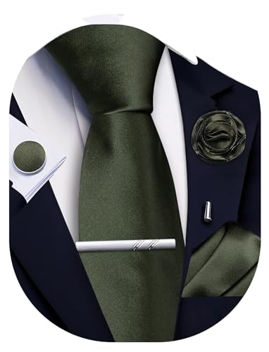 Ailisus Olive Green Ties for Men Silk Satin Necktie and Pocket Square Cufflinks Tie Clip Lapel Pin Set Wedding Business 5PCS