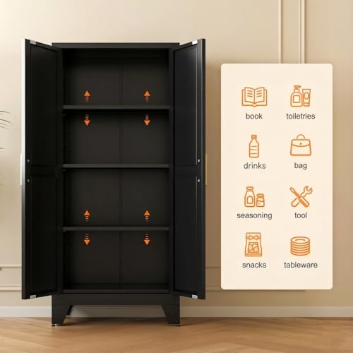 Image of LCAOPC 61 inch Tall Metal Storage Cabinet with 2 Doors and 3 Adjustable Shelves, 4-Tier Kitchen Pantry Storage Cabinet for Kitchen, Living Room, Dining Room and Office, Black