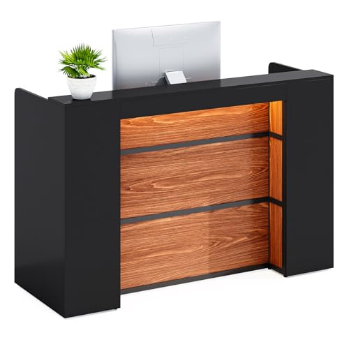 LITTLE TREE 63 Inches Reception Desk, Modern Reception Table with LED Light, Front Counter Desk, Wooden Checkout Counter for Lobbies, Salons, Retail, Home Offices, Reception Room, Black & Brown