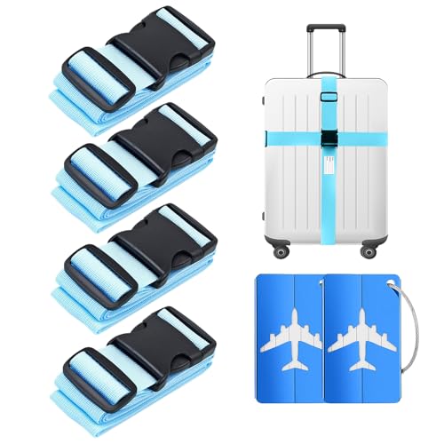 MURISE - Juego de 4 Correas de Maleta, Especialmente Atractivas y seguras, con 2 Etiquetas de Equipaje de Aluminio, Correa de Maleta de Viaje con Etiqueta de dirección, Color Azul Claro