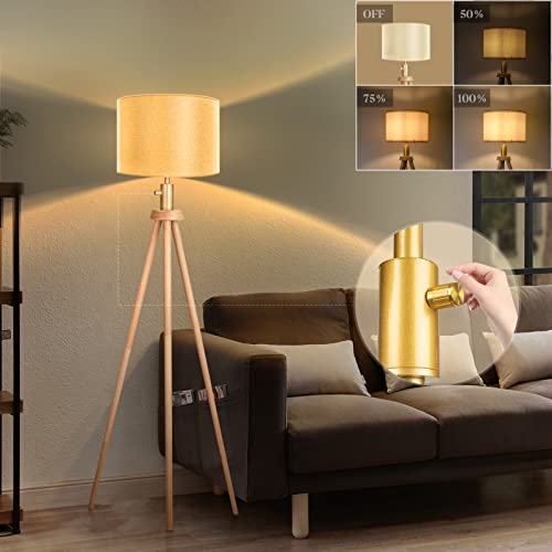 Dimmable Tripod Floor Lamp, Mid Century Standing Lamp with 0%-100% Brightness LED Bulb Beige Linen Drum Shade, E26 Socket, Bedside Lamp, Wooden Floor Lamp for Living Room, Bedroom, Office Dimmable Tripod Floor Lamp, Mid Century Standing Lamp with 0%-100% Brightness LED Bulb Beige Linen Drum Shade, E26 Socket, Bedside Lamp, Wooden Floor Lamp for Living Room, Bedroom, Office