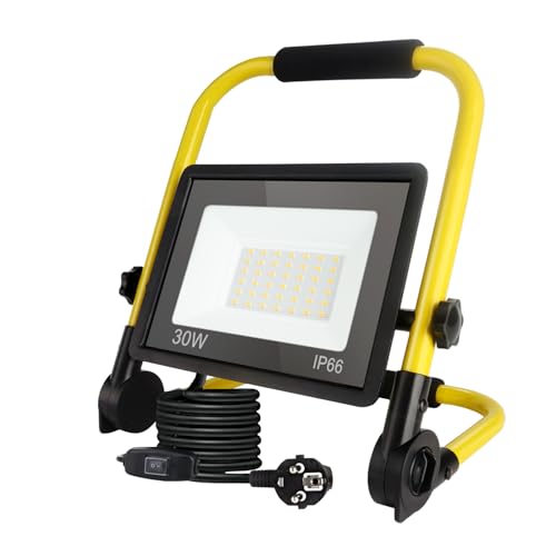 Foco de trabajo LED de 30 W, foco de trabajo portátil ultrabrillante, temperatura de color de 6000 K, resistente al agua IP66, enchufe estándar europeo, con cable de 3,5 metros e interruptor.