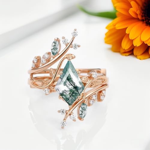 Natural Moss Agate Leafy Vintage Bridal Sets Wedding Rings for Women, 10K 14K 18K Solid Gold Kite-Cut Green Moss Agate and Moissanite Engagement Ring for Women Mother Her Jewelry Gift4