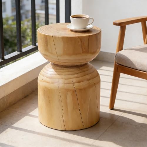 Solid Wood Stool & Sofa Side Table, Rustic Hourglass Wabi-Sabi Accent Coffee Table, Household Bedside Tables, for Living Room, Garden,Hotel Decoration (Size:12.6x17.7IN) (A)