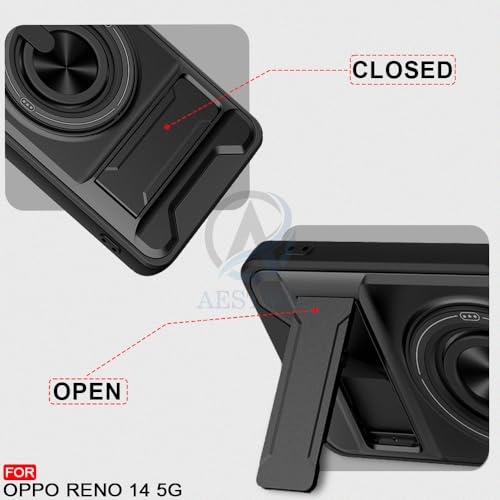 Image of AESTMO Oppo Reno 14 5G Back Cover | Armor Camera Slider 360 Degree Rotating Finger Ring Holder Case with Bracket Stand Back Case Cover for Oppo Reno 14 5G (Compatible with MagSafe Accessories) (Black)