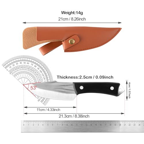 تي جيه بوب سكين تقطيع اللحم متعدد الاغراض 4.3 انش، سكين تقطيع اللحوم مصنوع يدويا من الستانلس ستيل مع غمد جلدي، سكين شيف مطبخ حاد للغاية، سكين جزار محمول للمنزل والتخييم والشواء