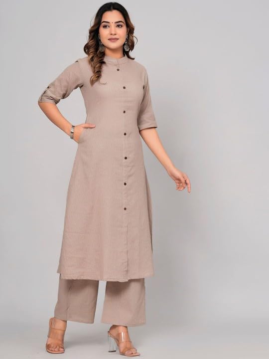 Image of Avayayat Stylish Katha Cotton Co-ord Set For Women - Shirt Style Kurti with Pants, 2peice Kurta With Trouser Casual Wear Brown