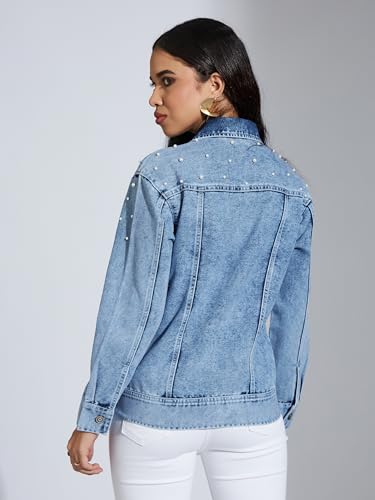 Image of Miss Chase Women's Polo Neck Full Sleeves Patch Pocket Denim Overcoat Knee-Length Jacket
