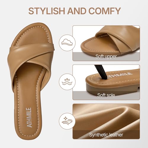 ATHMILE ATHMILE Sandals Women Dressy Summer Flat Comfortable Fashion Beach Cute Ladies Slides Leather Casual Dress Women's Sandals 2025 Nude Size 8