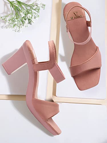 Image of XE Looks Women's Peach Stylish Block Heels | Open-Toe Sandals with Elastic Support | Anti-Skid Sole & Cushioned Footbed Block Heels For Girls & Women