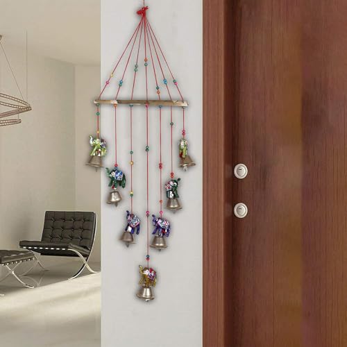 Image of Bindian Handcrafted Rajasthani Wind Chime with Bells, Multicolour, 72x23 cm, Traditional Wall Hanging for Home, Garden & Balcony (Elephant-2)