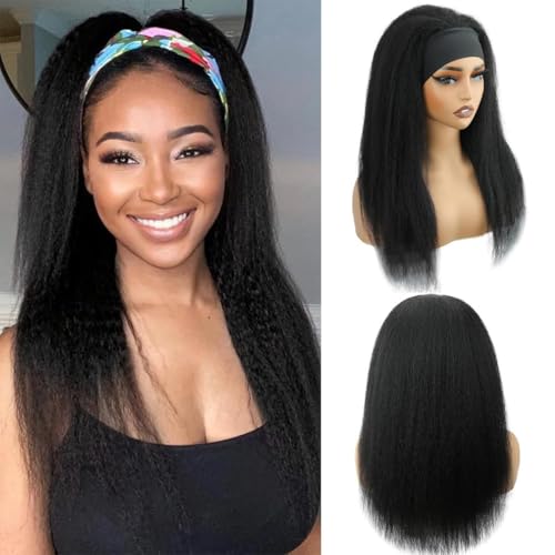 Image of Kinky Straight Headband Wig Human Hair 24 Inch Headband Wigs for Black Women Glueless None Lace Front Yaki Straight Human Hair Headband Wig Brazilian Virgin Hair Wigs Natural Black 200% Density
