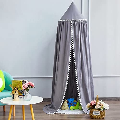 Loaol Kids Bed Canopy With Pom Pom Cotton Canopy For Crib Baby Girl Netting Cover Canopy Crib Curtain Reading Nook Hanging Tent Nursery Play Game Castle House Decoration (Gray Pompom) #TOP5