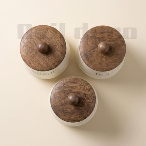 Image of Stylish Airtight Container for Kitchen, Tea Coffee Sugar Storage, White, Metal with Wooden Lid & Spoon, 1000ml, Canister for Kitchen Counter top | Food-Safe Jar Set of 3 (Tea coffee & Sugar)