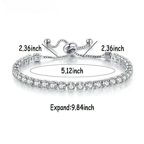 Silver Bracele, Tennis Bracelets for Women White Gold Plated Diamond Classic Adjustable Slider Bracelet Silver Fashion Jewelry Wedding Gift for Women Gifts Women2