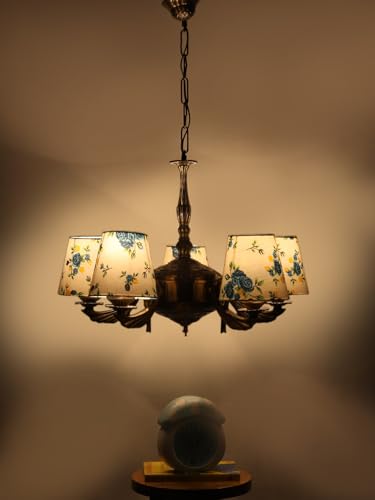 Image of Devansh 05-Light Printed Conical Multicolor Cotton Shade Chandelier - Antique Golden Finish | Adjustable Cord | Warm Glow Lamp - Ceiling Light for Living Room, Dining Area, BedroomDecor - D8
