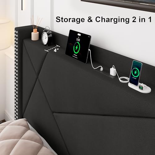 Feonase Upholstered Storage Bed Frame King Size with 4 Drawers, Platform Bed with Charging Station & Wingback Headboard, Solid Wood Slats Support, Black