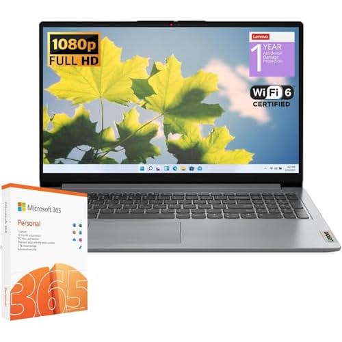 Lenovo IdeaPad 1 Student Laptop, Intel Dual Core Processor, 8GB RAM, 128GB SSD + 128GB eMMC, 15.6″ FHD Display, 1 Year Office 365, Windows 11 Home, Wi-Fi 6, Webcam, Bluetooth, SD Card Reader, Grey